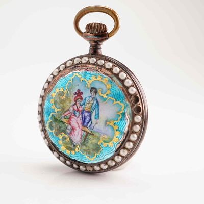 Antique Enameled and Seed Pearl-Set Lady's Pendant Watch. A lady's openface pendant watch 