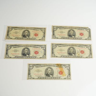 Five 1963 US Five Dollars Red Seal Notes. A collection of five United States $5 Legal Tender 