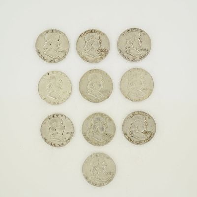 A Collection of 10 US Ben Franklin Half Dollars 1951-1963. A collection of 10 US Ben Franklin 