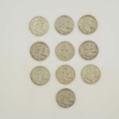Ten US Ben Franklin Silver Half Dollars, 1952-1963. A collection of ten US half dollars of the 
