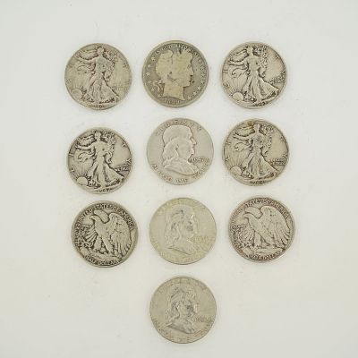 A Collection of Ten US 90% Silver Half Dollars, 1899-1963. A collection of ten US 90% silver 