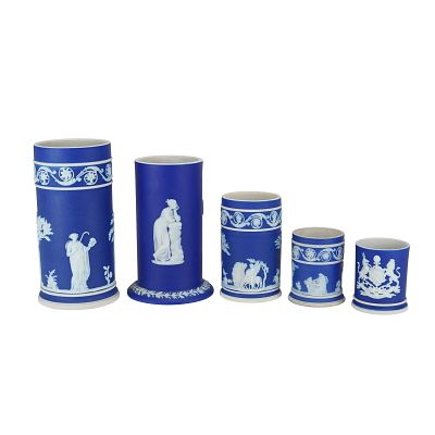 5pc Wedgwood Cobalt Blue Jasperware Graduated Spill Vases. A graduated set of five cylindrical 