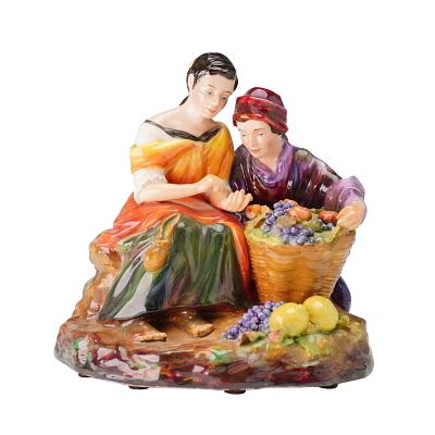 Studio Pottery by Reg Johnson Figurine, Fruit Sellers. A hand-painted glazed porcelain studio 