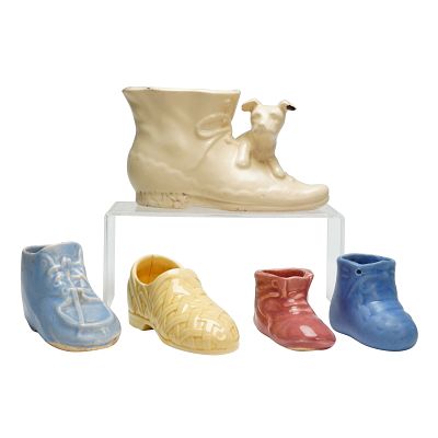 5pc American Pottery Ceramic Shoes. This collection of five mid-century American pottery glazed 