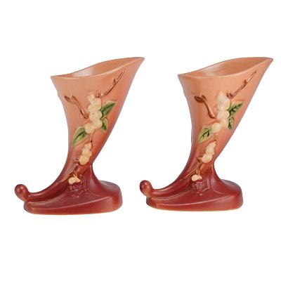 A Pair of Roseville Cornucopia Vases, Snowberry Pink 1CC-6. A pair of Roseville Pottery 