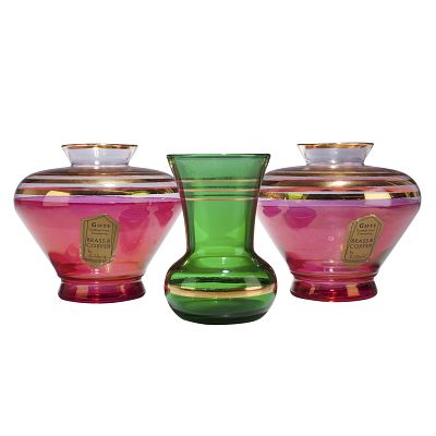 Three Gilt Decorated Glass Vases including Gilford Pink Examples. A collection of three 
