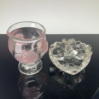 2pc Glass Grouping Including Glasdesign Georgshutte Heart Shaped Warmer and Teleflora Rose Vase. 