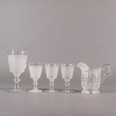 A Collection of 5 EAPG Pressed Glass Cups and Pitcher. A collection of five pieces of Early 