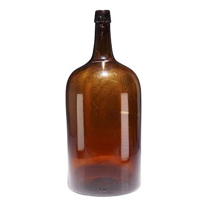 EHE Co. Large Amber Glass Demijohn Bottle. This is a large-scale industrial amber color glass 