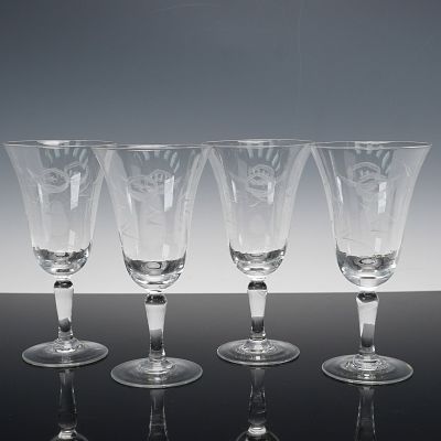4pc Etched Crystal Floral Motif Water Goblets. A 4-piece set of etched crystal water goblets 