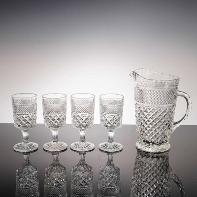 5-Piece Glass Beverage Set in the Wexford Pattern Attributed to Anchor Hocking. This five-piece 