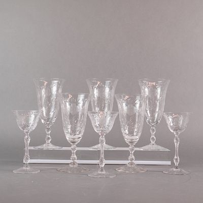 A Collection of Eight Cambridge Etched Crystal Stemware. A collection of eight (8) pieces of 