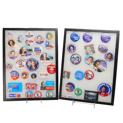 A Collection of U.S. Political Campaign Buttons with 2 Tray Pins. A collection of various U.S. 