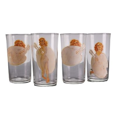 4pc Mid-Century Peek-A-Boo Pin-Up Highball Glasses. A set of 4 risque glasses featuring 