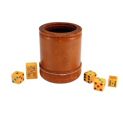 6pc Vintage Leather Dice Cup and Gaming Piece Set. A 6pc dice set featuring a vintage 