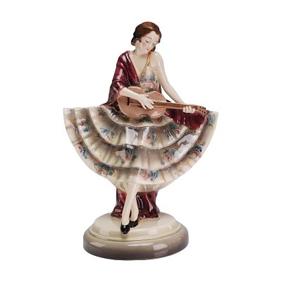Josef Lorenzl for Goldscheider Porcelain Sculptural Lamp Base, Woman with Guitar. This Art Deco 