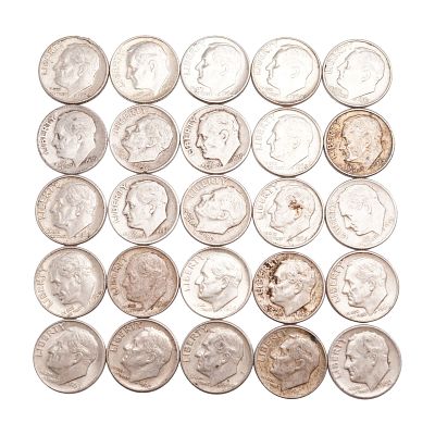 Lot of 25 Loose Roosevelt 90% Silver Dimes, Circulated. Obverse portrait in left profile of 