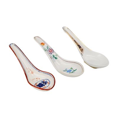 Three Wedgwood Porcelain Soup Spoons with Colorful Floral Accents. A grouping of three 