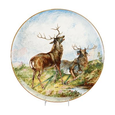 Wedgwood Hand-Painted Porcelain Stag Motif Wall Charger. This large circular charger is composed 