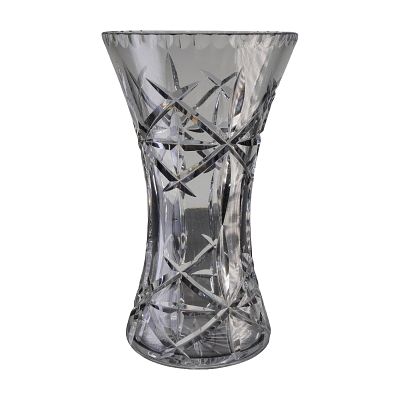 Crystal Starburst Vase. A clear cut-glass vase featuring a flared rim, tapered waist, and 