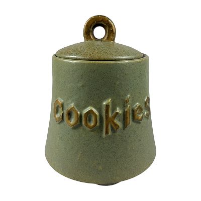 McCoy Ceramic Bell-Shape Cookie Jar. McCoy cookie jar in a speckled matte sage green glaze. The 