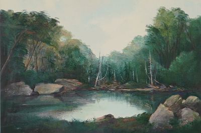 An Impressionist Style Monotype Landscape Print. A framed monotype landscape print depicting a 