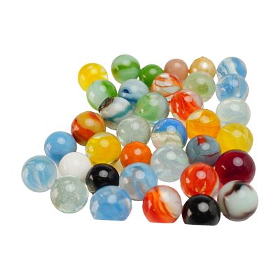 36pc Assortment of Swirl Glass Marbles. A collection of clear and opaque marbles featuring a 