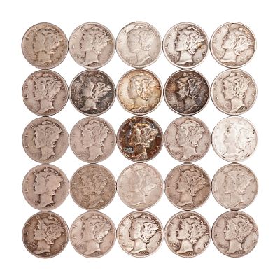 Lot of 25 Loose Mercury 90% Silver Dimes, Circulated. Obverse designed with an allegory of 