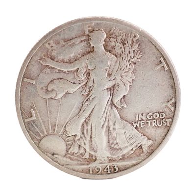 1943 U.S. Walking Liberty Half Dollar 90% Silver Coin, Circulated. Design includes obverse 