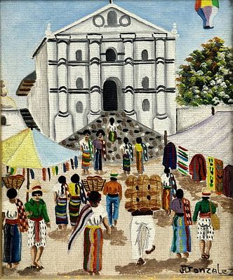 Jose Antonio Gonzalez Escobar (Guatemala, b. 1941), Market Scene Before a Church, Acrylic on Canvas