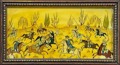 Framed Miniature Painting of a Persian Polo Match on Board. This Persian style miniature 