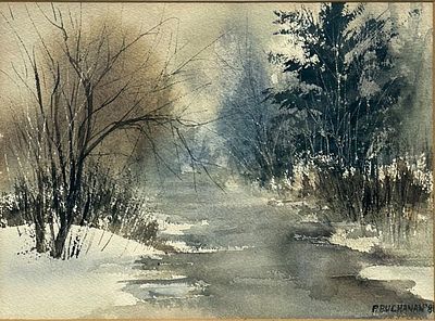 P. Buchanan (20th Century), Winter Stream Landscape, Original Watercolor Painting, 1981. This 