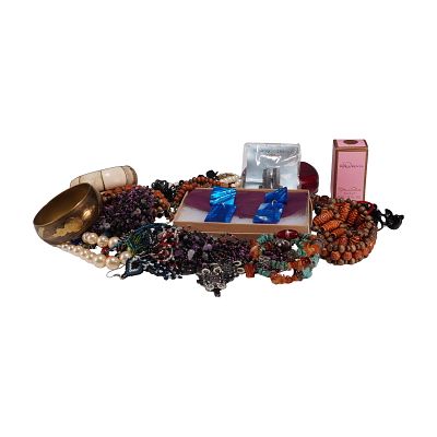 Collection of Vintage Costume Jewelry and Vanity Items. An assortment of vintage costume jewelry 