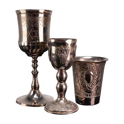 3pc Silver-Toned Kiddush Cup & Goblets Collection. A trio of silver-toned Kiddush cup and 