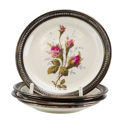 Set of Three Rosenthal Moss Rose Porcelain Plates with Beaded Sterling Silver Rims. A set of 