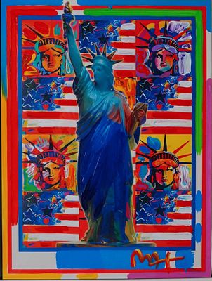 Peter Max (American, b. 1937) Mixed Media on Paper, God Bless America. Patriotic testament to 