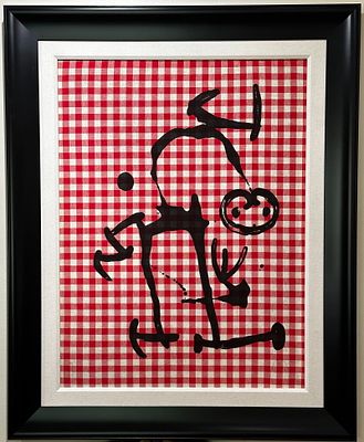 Joan Miro (Spanish 1893-1983) Color Lithograph on red and white cloth on Mandeure Chiffon mounted on