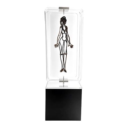E. Massin Kinetic Silhouette Wood, Metal, and Acrylic Sculpture on Pedestal. A contemporary 