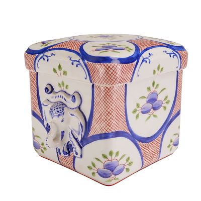 Tiffany and Co. Private Stock Hand Painted Porcelain Lidded Box with Elephant Handles. A 
