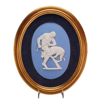 Wedgwood Blue and White Jasperware Oval Plaque Framed, Hercules and Cerberus. This Wedgwood blue 