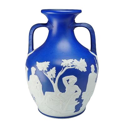 Wedgwood Cobalt Blue Jasperware Portland Vase. A Wedgwood jasperware two-handled amphora vase 