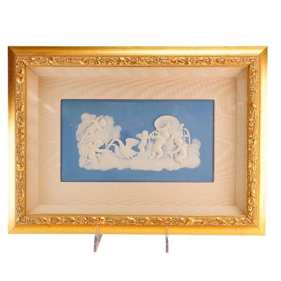 Wedgwood Blue Jasperware Plaque. A Wedgwood blue and white jasperware plaque featuring a 