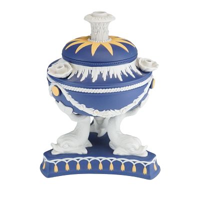 Wedgwood Blue Jasperware Dolphin Tripod Lidded Pastille Burner. A Wedgwood Portland blue 