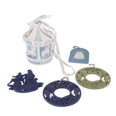 5pc Wedgwood Jasperware Christmas Ornaments. A collection of five Wedgwood jasperware Christmas 