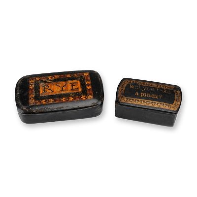 2pc Antique Lacquered Wood Snuff Boxes. Two antique snuff boxes made of lacquered wood with a 
