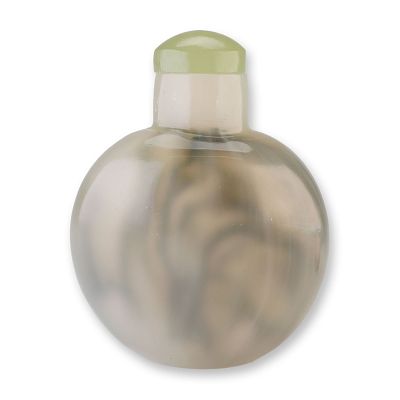 Faux-Agate Glass Snuff Bottle, Off-White and Brown. A round glass snuff bottle resembling agate 