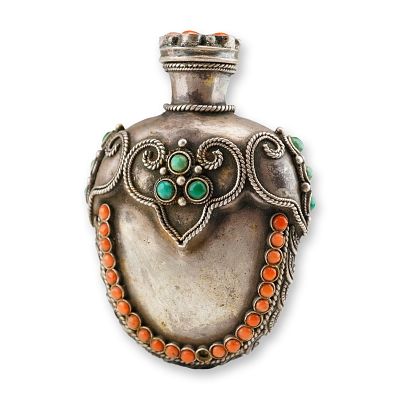 Mongolian Silver Repousse Snuff Bottle, Ruyi Head Design, Rounded Bottom. Decorated with coral 