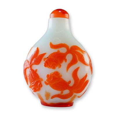 Peking Glass Snuff Bottle, Orange Overlay Gold Fish. A round Peking glass snuff bottle featuring 