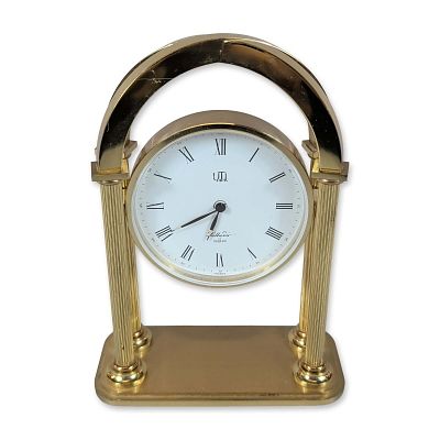 UTI Paris Palladio Gilt Metal Desk Clock. French desk clock in gilt metal by UTI Paris, Palladio 