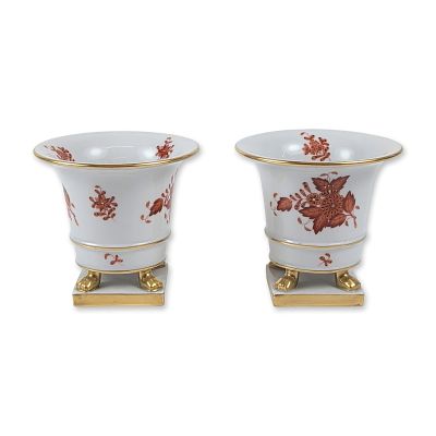 Pair of Herend Chinese Bouquet Porcelain Urns. Herend (Hungary) pair of miniature porcelain 